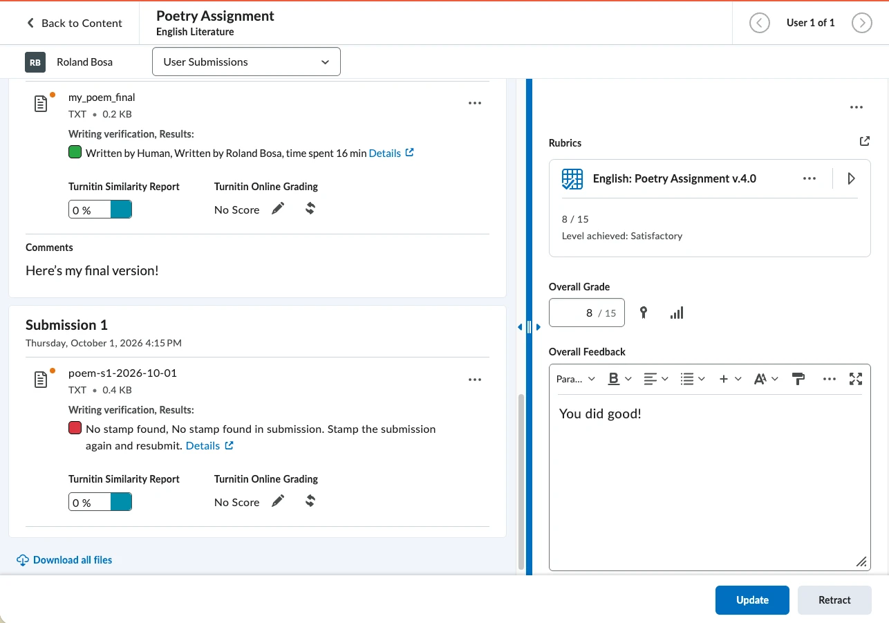Brightspace's evaluation view for a Poetry Assignment: Roland Bosa's latest submission, my_poem_final, with Writing verification Results: Written by Human, Written by Roland Bosa, time spent 16 min, and a Details link; an earlier submission shows No stamp found