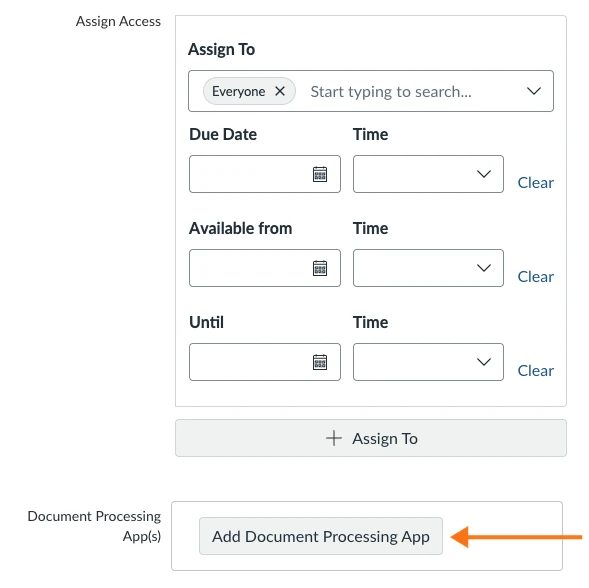 A Canvas assignment's settings, with an orange arrow pointing to the Add Document Processing App button