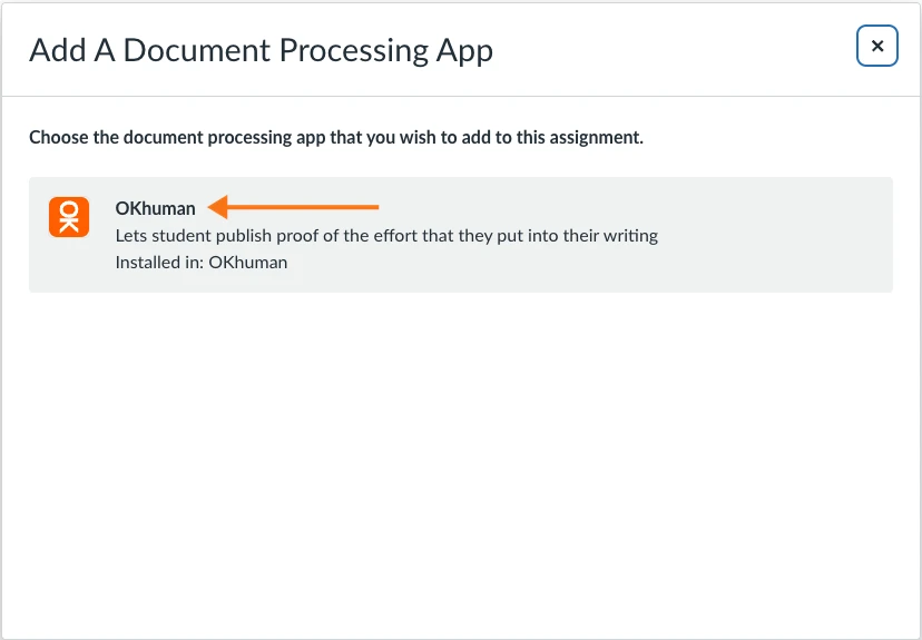The Add A Document Processing App dialog in Canvas, with an orange arrow pointing to OKhuman