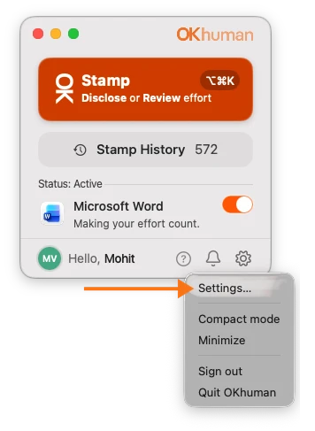 The OKhuman Companion's settings menu open from the gear button, with an orange arrow pointing to Settings…