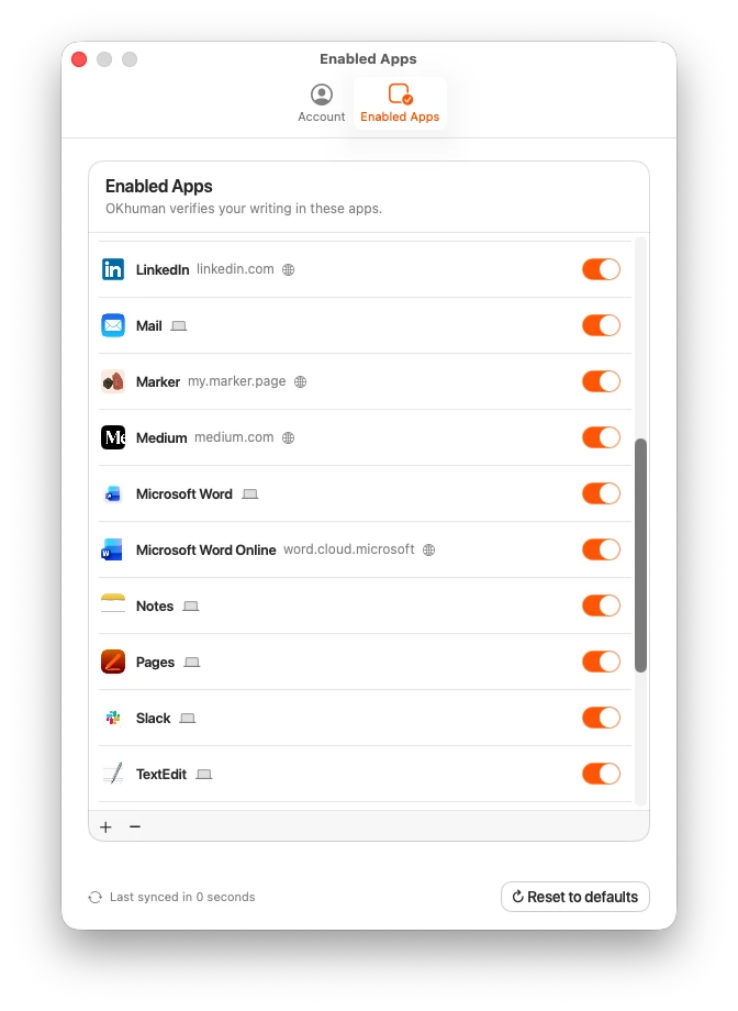 The Enabled Apps settings: OKhuman verifies your writing in these apps, with a switch for each, such as LinkedIn, Mail, Medium, Microsoft Word, Notes, Pages, Slack and TextEdit