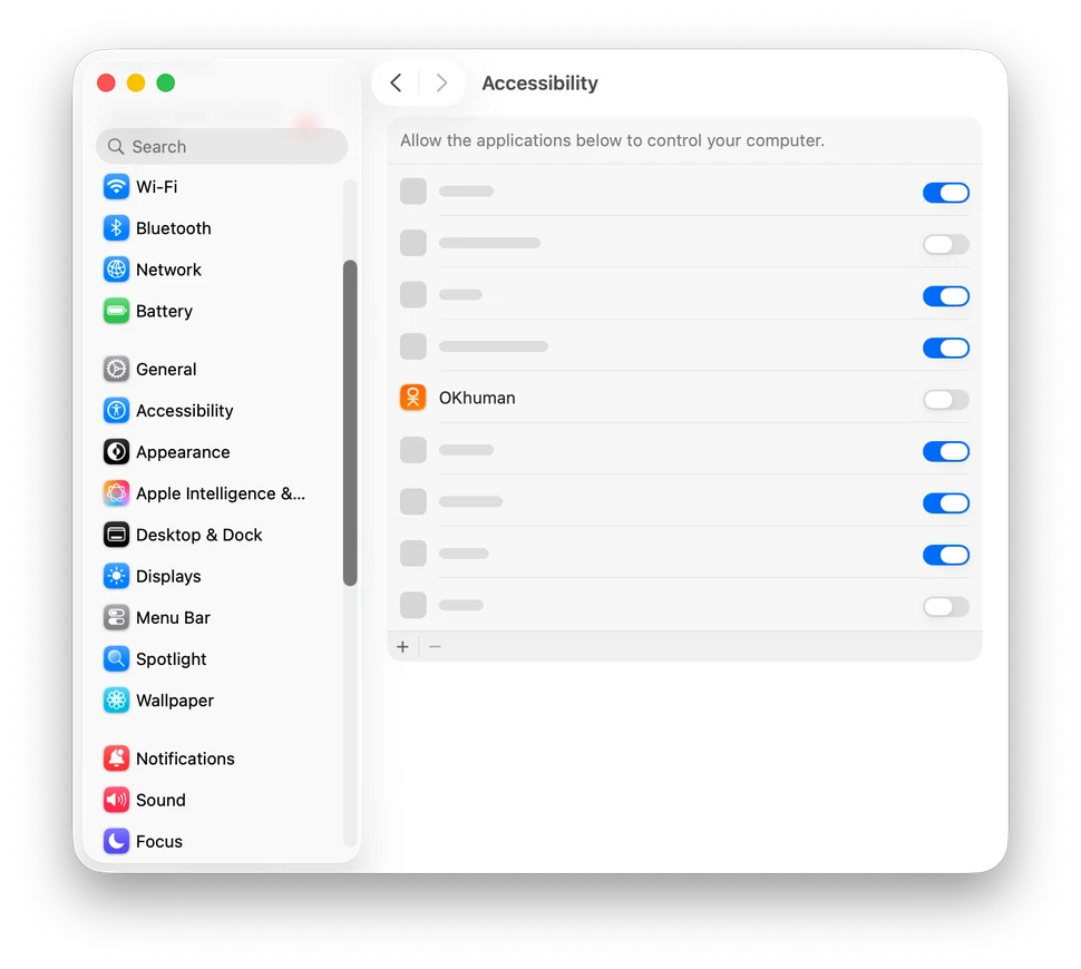 System Settings, Accessibility: Allow the applications below to control your computer, with OKhuman listed and switched off