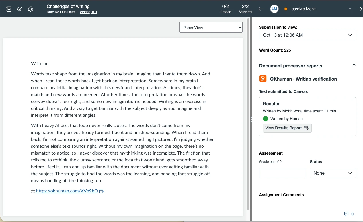 Canvas SpeedGrader for Challenges of writing: the stamped submission on the left, and on the right the Document processor reports with OKhuman Writing verification, Written by Mohit Vora, time spent 11 min, Written by Human, and a View Results Report button