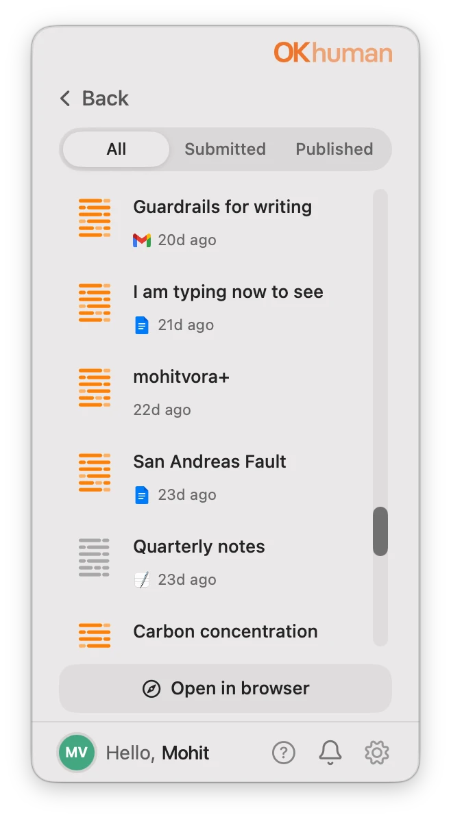 Stamp History in the OKhuman window: All, Submitted and Published tabs above a list of stamped documents, each with its writing app and age, and an Open in browser button