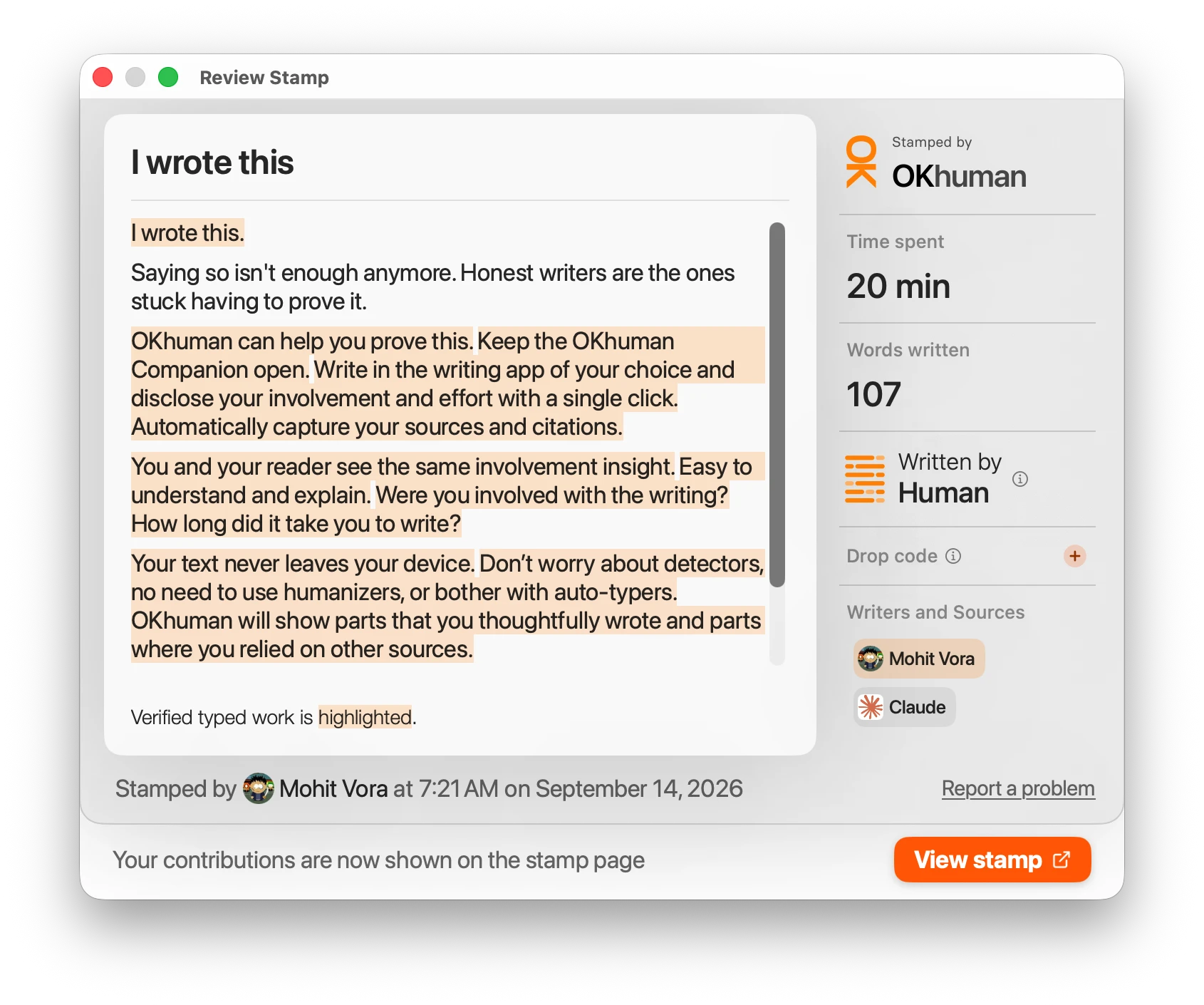 Review Stamp window showing a document with verified typed work highlighted, next to time spent, words written, and a Written by Human indicator